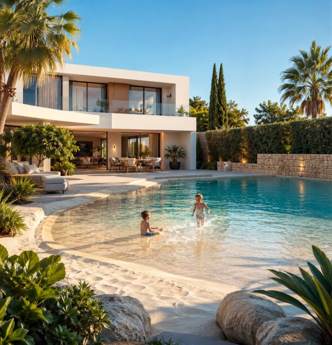 Piscina exterior de diseño con jacuzzi integrado y acabados naturales, proyecto de Paradise Pools Spain, expertos en construcción y diseño de piscinas en Valencia